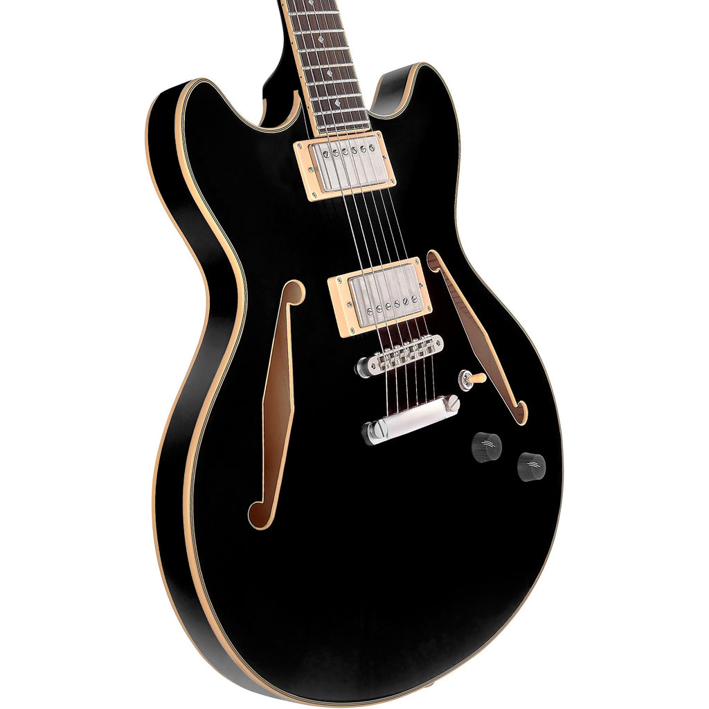 D'Angelico Excel DC Tour Semi-Hollow Electric Guitar With Supro Bolt Bucker Pickups and Stopbar Tailpiece Solid Black