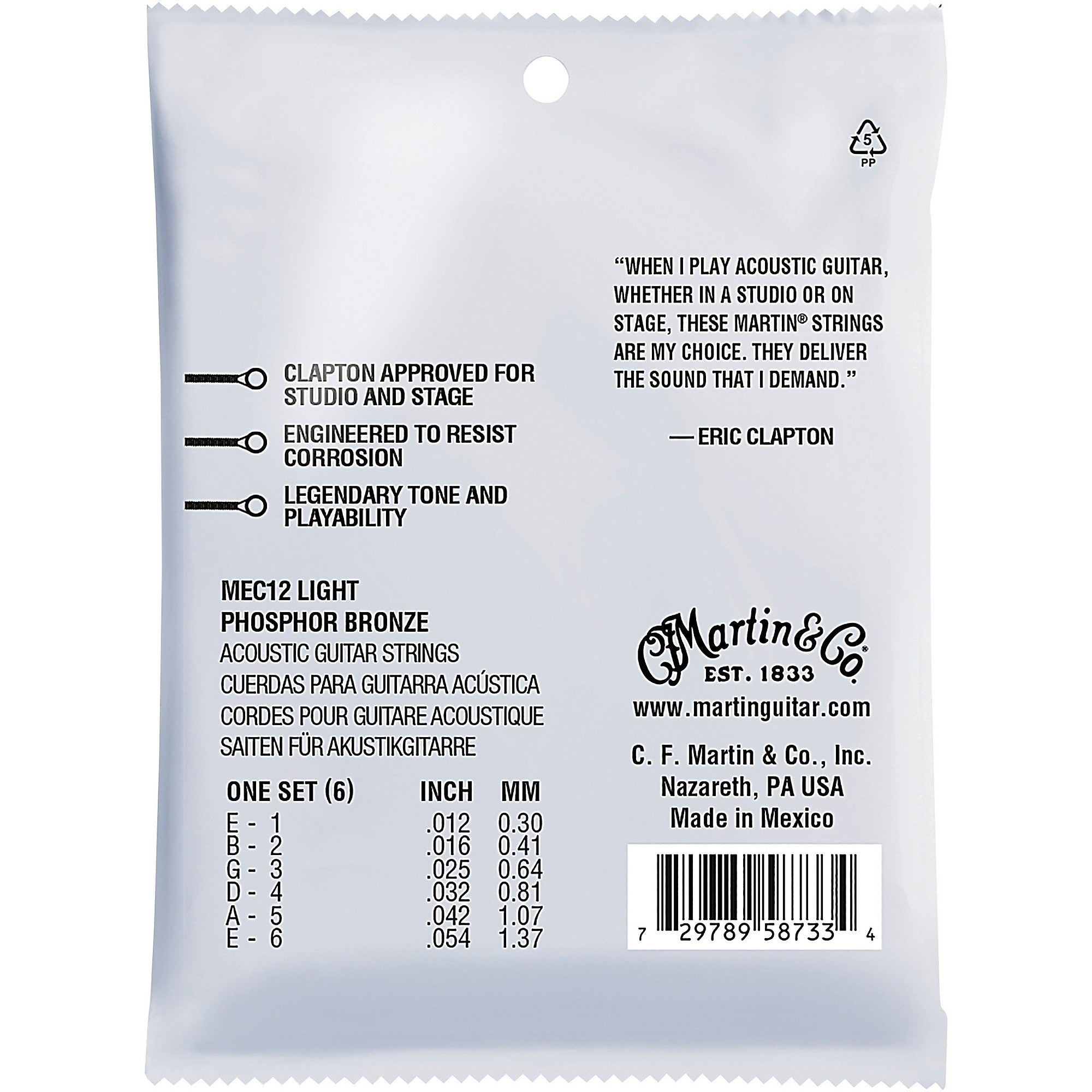 Martin MEC12 Martin Acoustic -inchClapton's Choice-inch Light Phosphor Bronze Guitar Strings