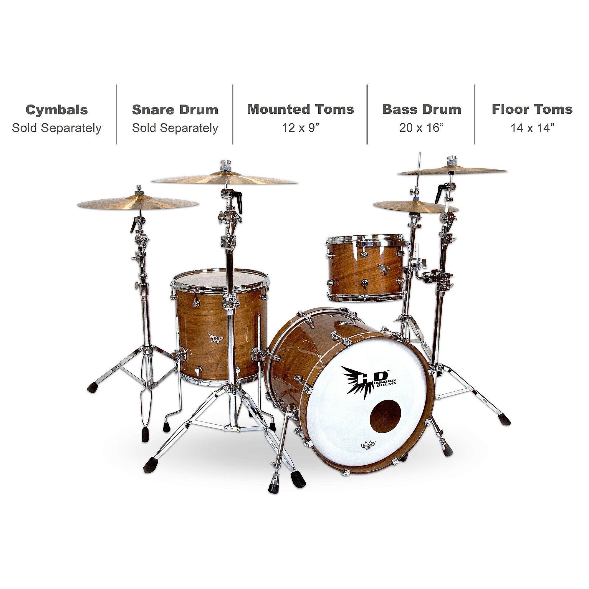 Hendrix Drums Perfect Ply Series Walnut 3-Piece Shell Pack, Fusion Sizes