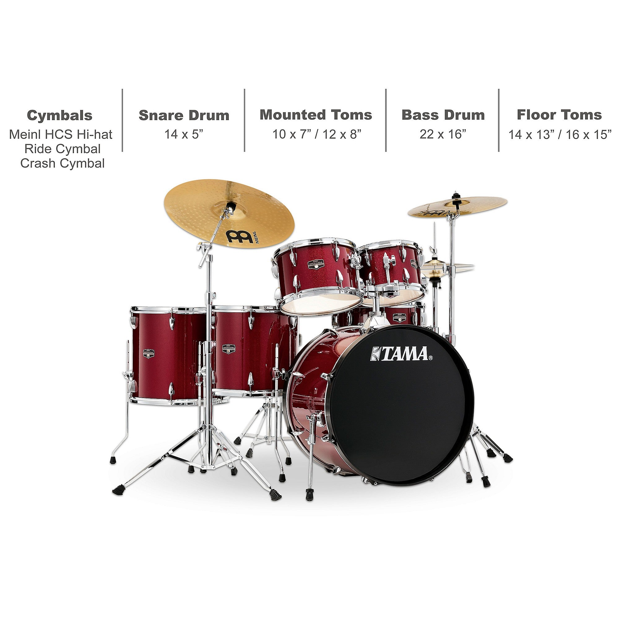 TAMA Imperialstar 6-Piece Complete Drum Set With MEINL HCS Cymbals and 22-inch Bass Drum
