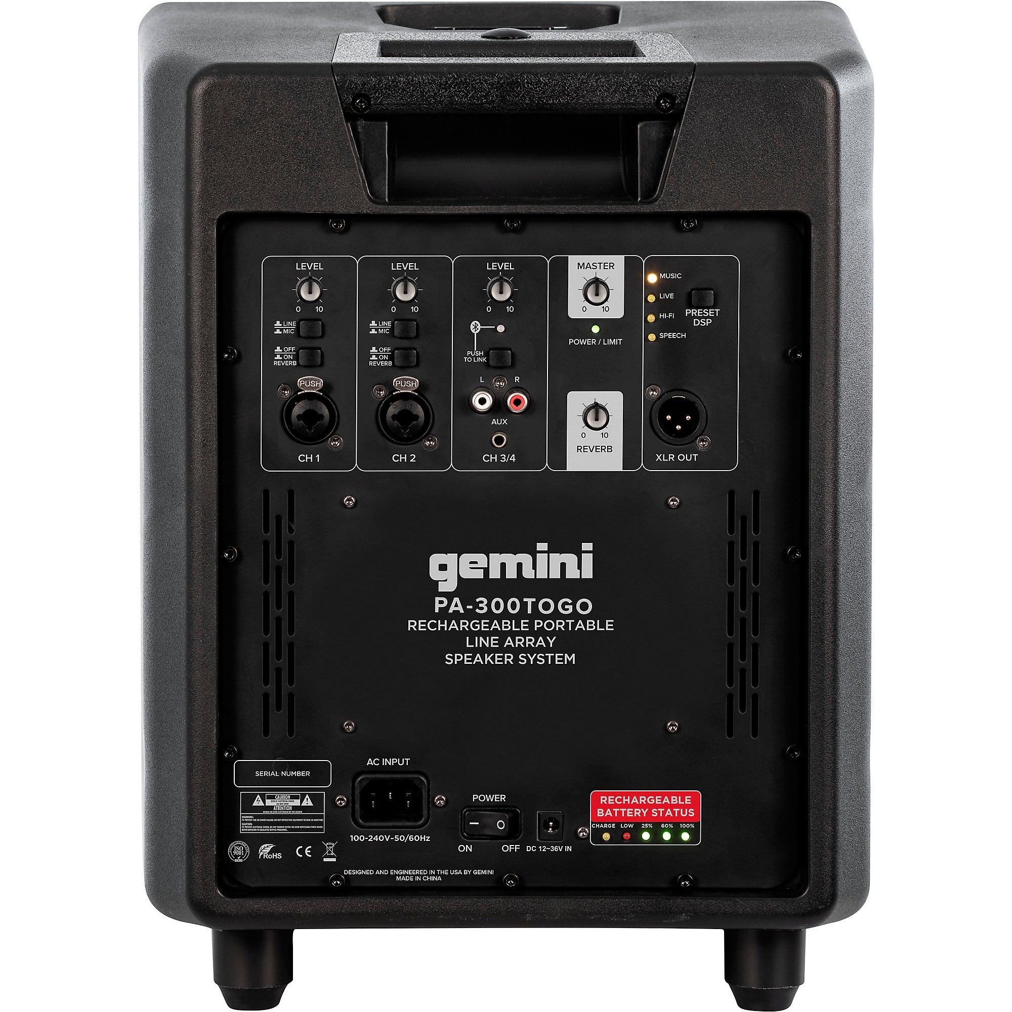 Gemini PA-300BT-ToGo MKII Portable Column Array With Battery Power and Carry Bag