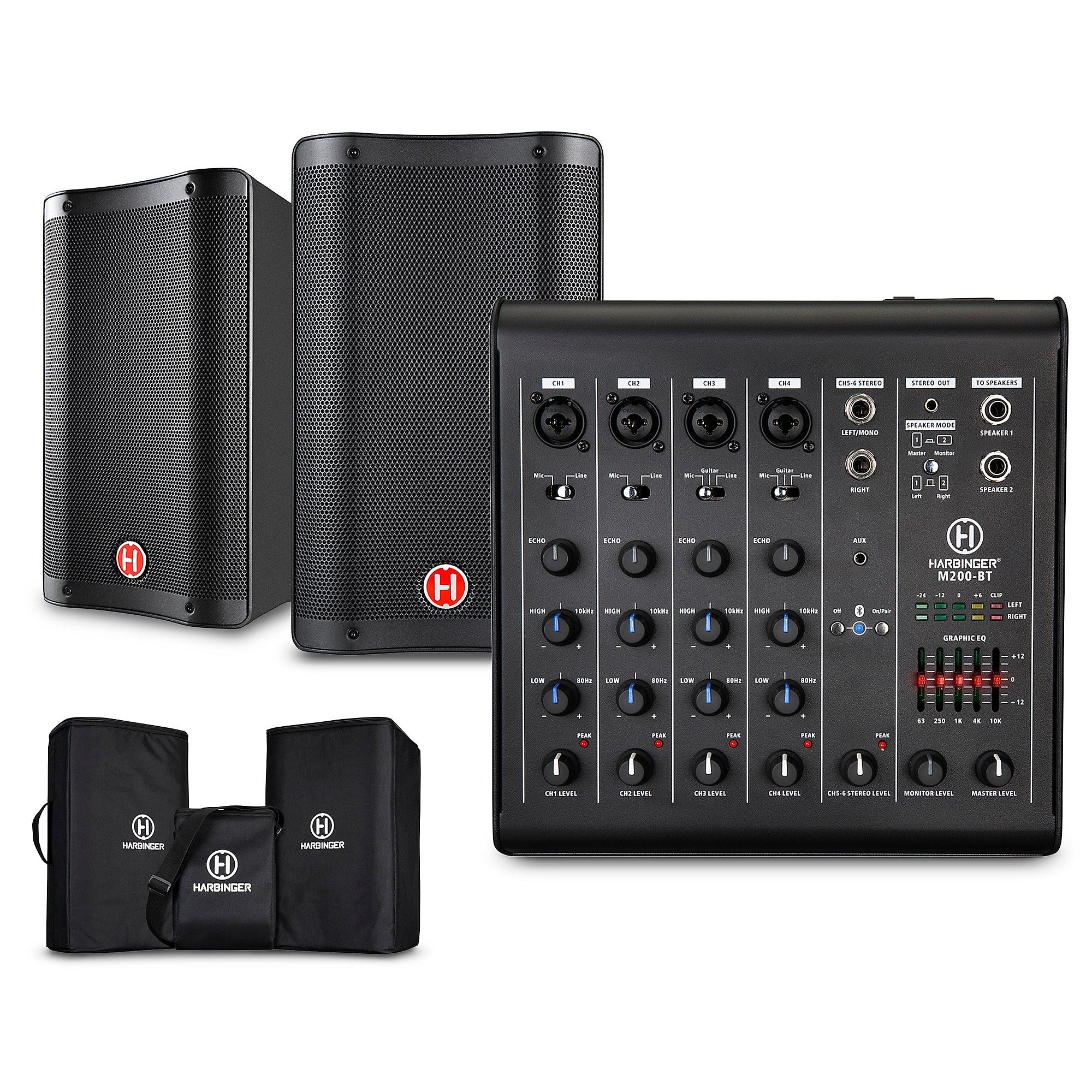 Harbinger M200-BT Portable PA System With Bluetooth and Custom Carry Bags 10-inch Mains