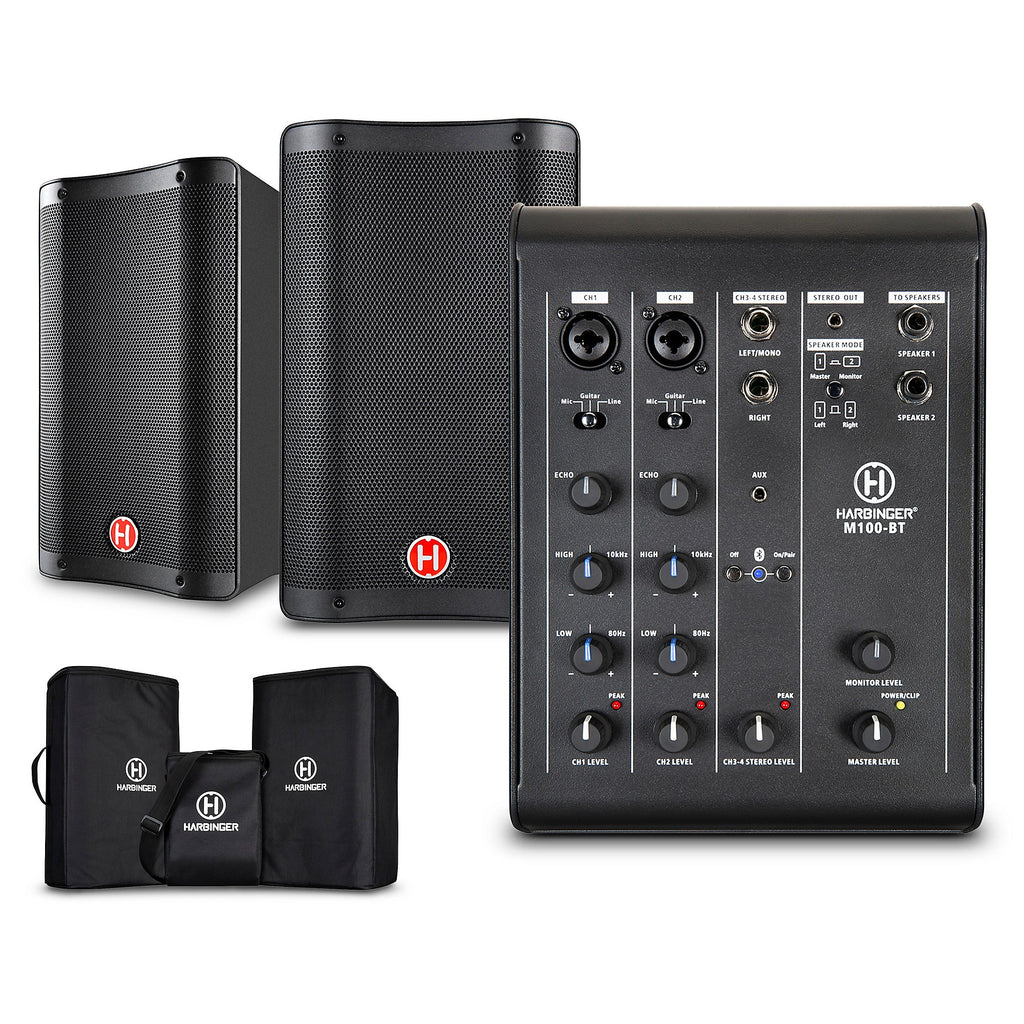 Harbinger M100-BT Portable PA With Bluetooth and Custom Carry Bags 8-inch Mains