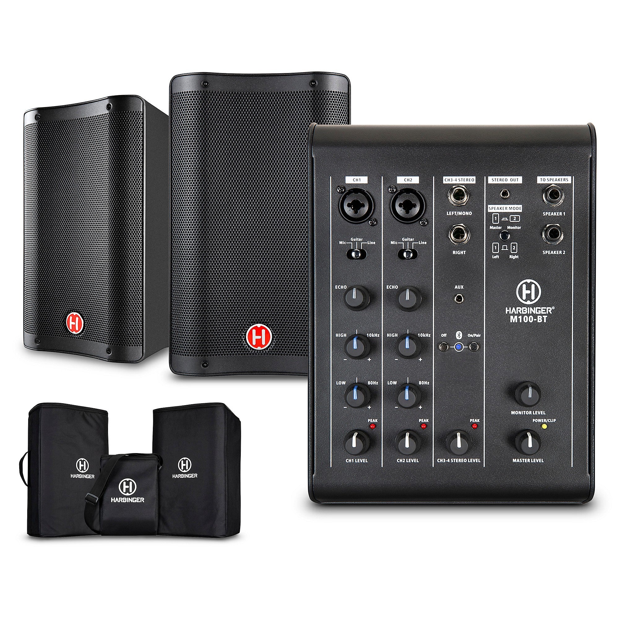 Harbinger M100-BT Portable PA With Bluetooth and Custom Carry Bags 8-inch Mains