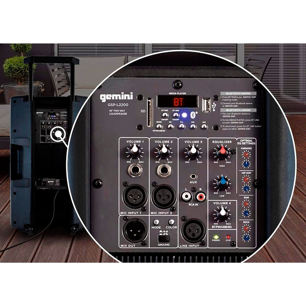 Gemini GSP-L2200PK Active 15-inch LED Portable Bluetooth Speaker With Stand and Mic