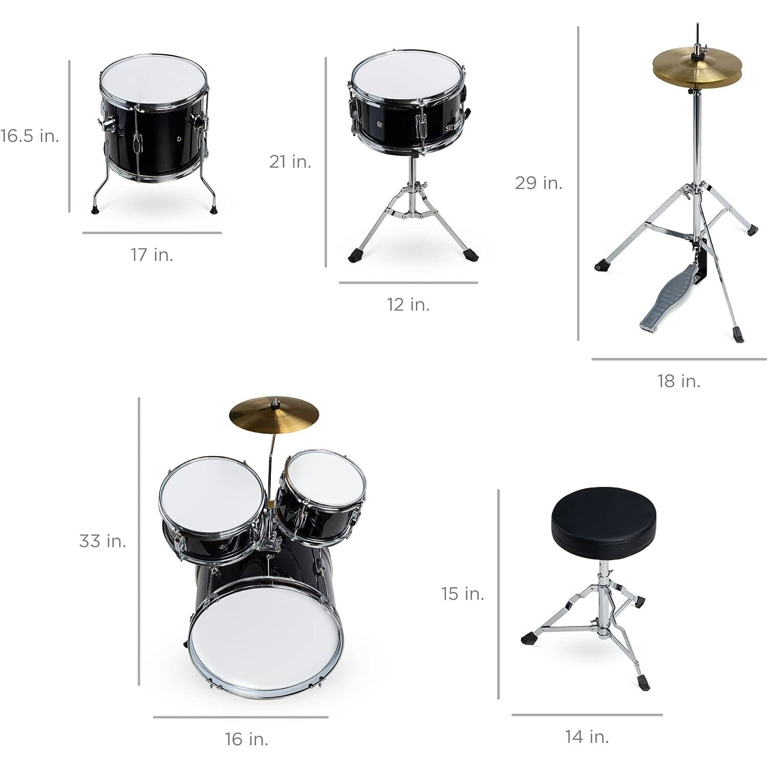 LW Essentials® Basic 5-Piece Junior Kids Drum Set with Hardware