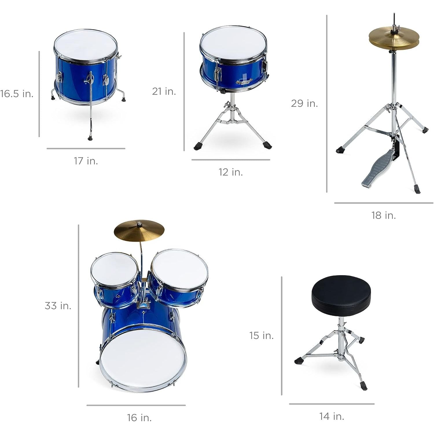 LW Essentials® Basic 5-Piece Junior Kids Drum Set with Hardware