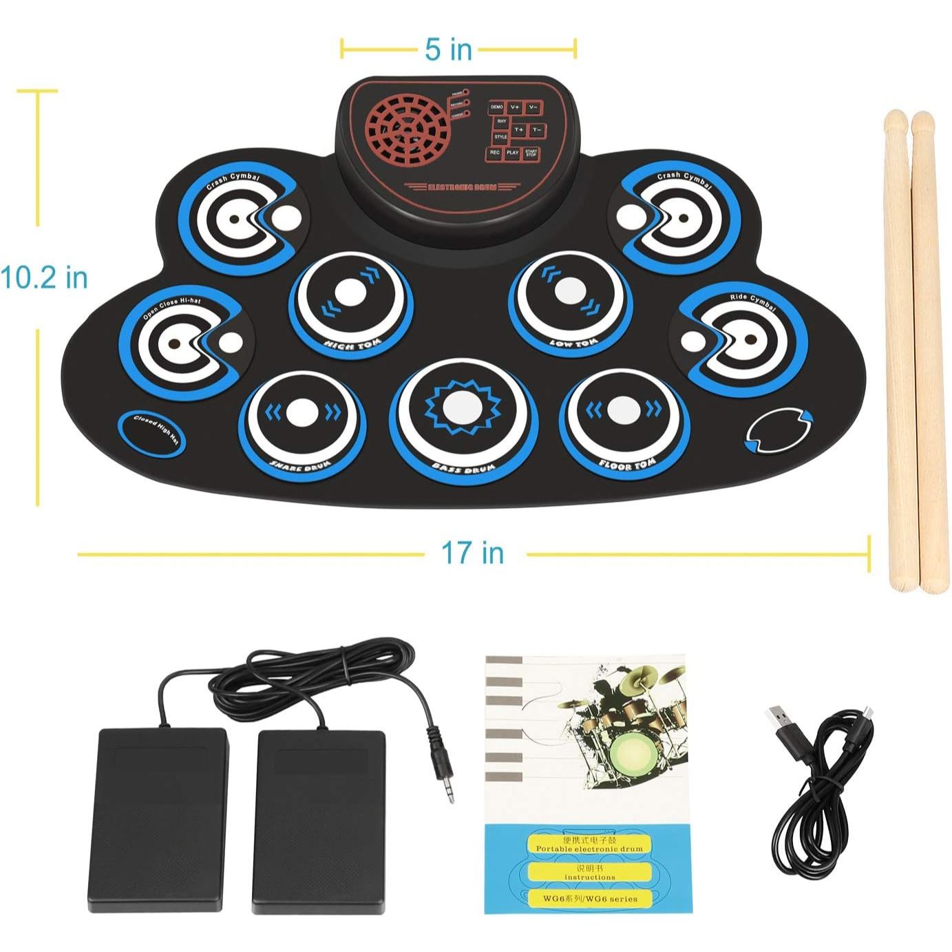 LW Essentials® Basic Kids Electronic 7-Pad Roll-Up Drum Set with Built-in Speaker