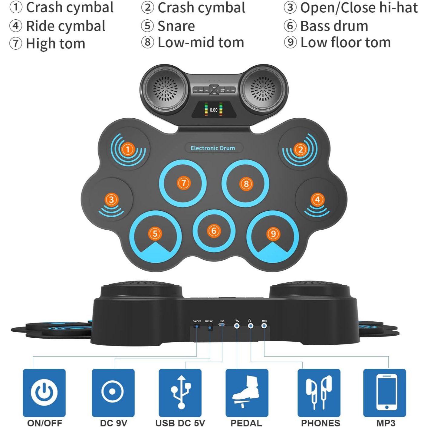 LW Essentials® Premium Kids Electronic 9-Pad Roll-Up Drum Set with Built-in Speaker