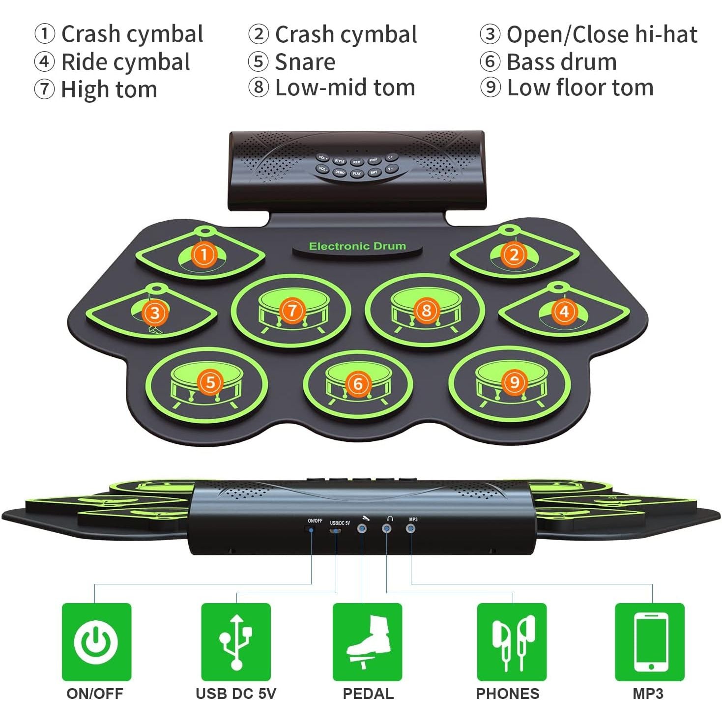 LW Essentials® Premium Kids Electronic 9-Pad Roll-Up Drum Set with Built-in Speaker
