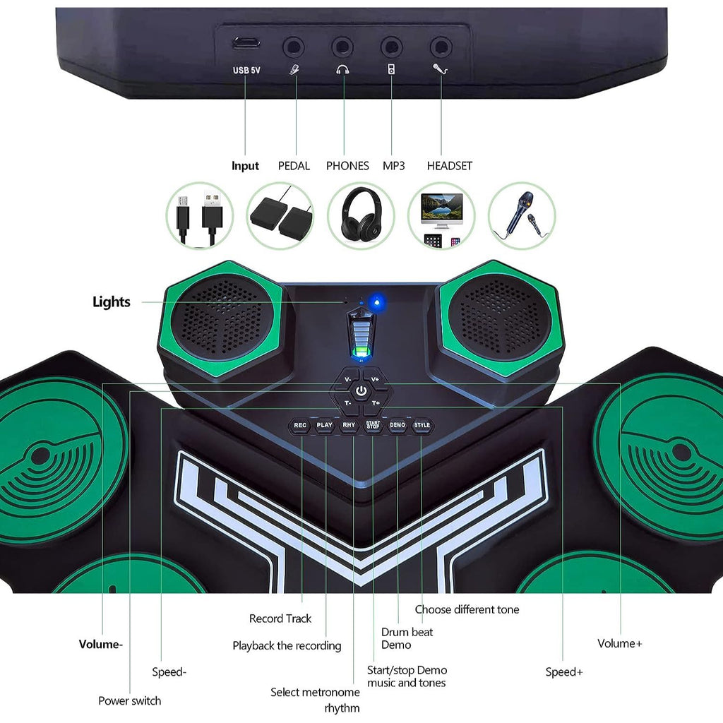 LW Essentials® Premium Kids Electronic 9-Pad Roll-Up Drum Set with Built-in Speaker