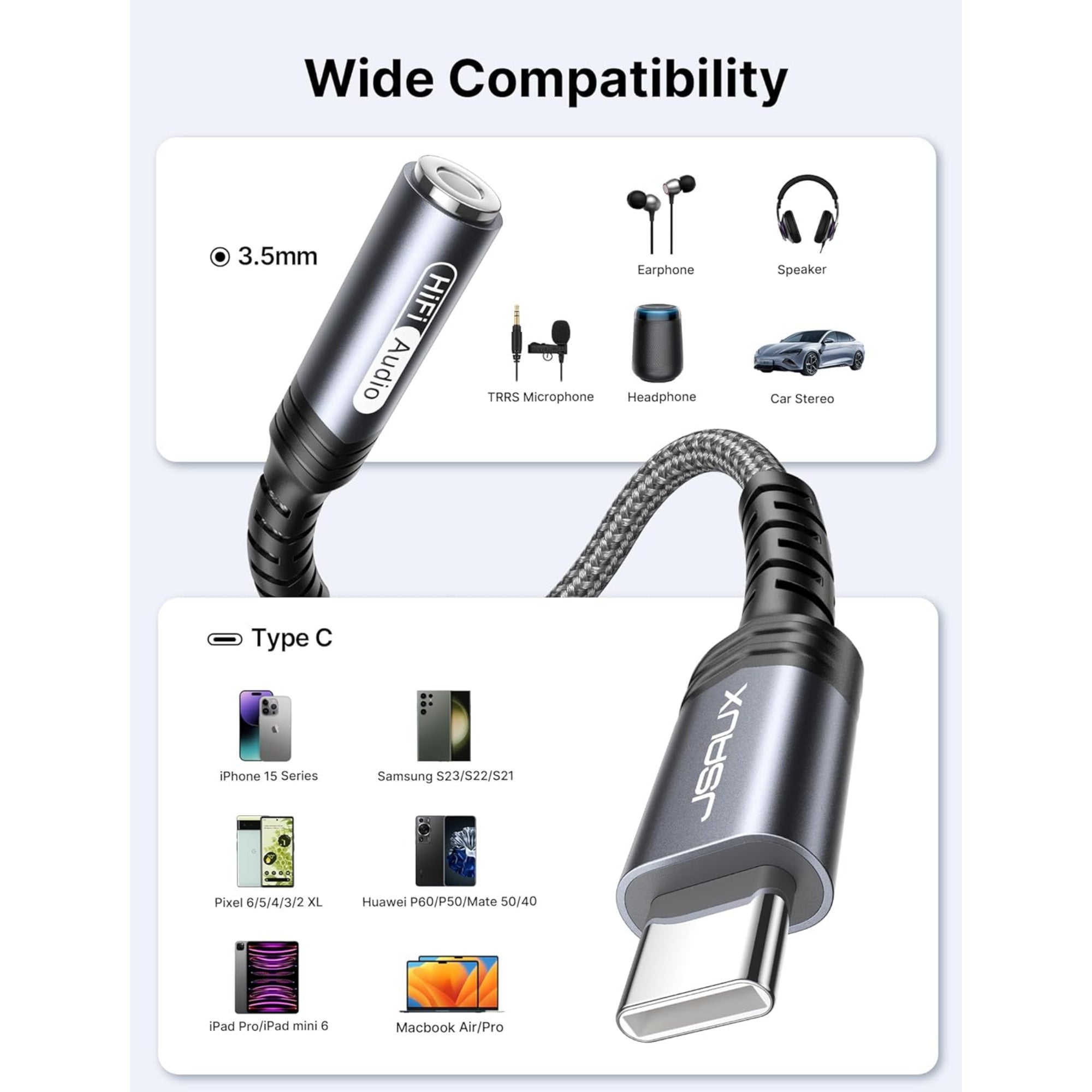LW Essentials® Basic 3.5mm Female to USB C Audio Adapter Cable